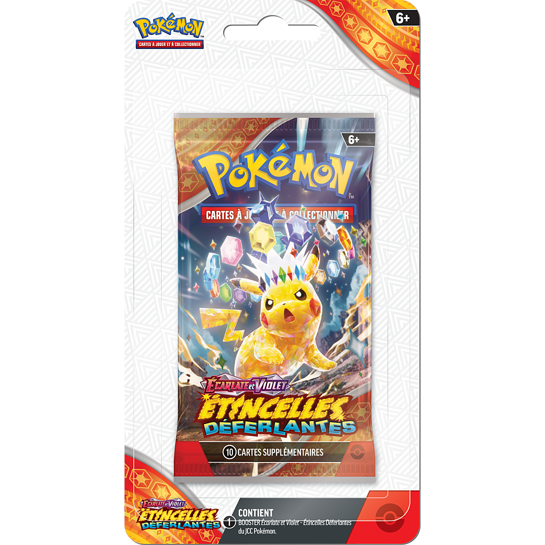 Booster Pokémon Étincelles Déferlantes EV08 – Blister plastique – Français – visuel catalogue du recto Pikachu – illustration selon disponibilité
