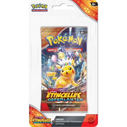 Booster Pokémon Étincelles Déferlantes EV08 – Blister plastique – Français – visuel catalogue du recto Pikachu – illustration selon disponibilité