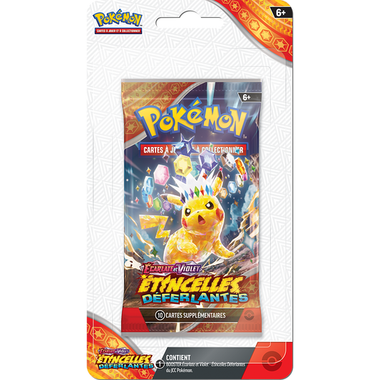 Booster Pokémon Étincelles Déferlantes EV08 – Blister plastique – Français – visuel catalogue du recto Pikachu – illustration selon disponibilité