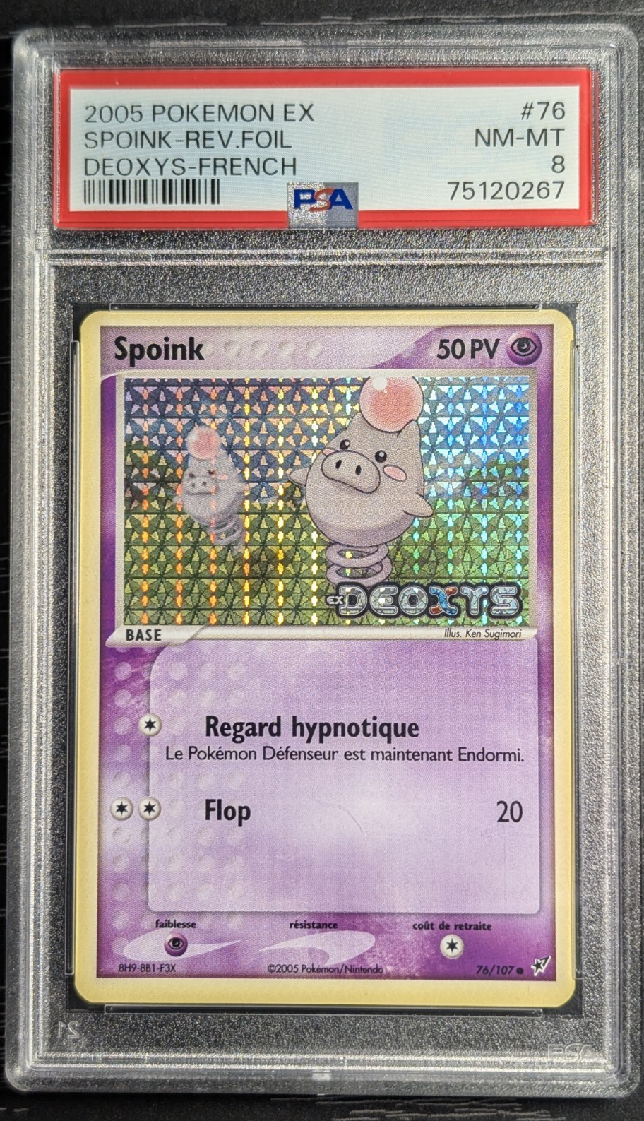 Carte gradee Pokemon Spoink 076/107 Ex Deoxys -Reverse Stamp- psa 8 pop 12 NM+