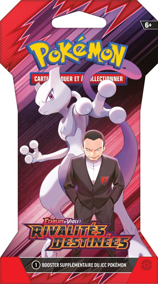 Booster Pokémon Rivalités Destinées EV10 – Blister cartonné – Français – visuel catalogue du recto Mewtwo et Giovanni – illustration selon disponibilité