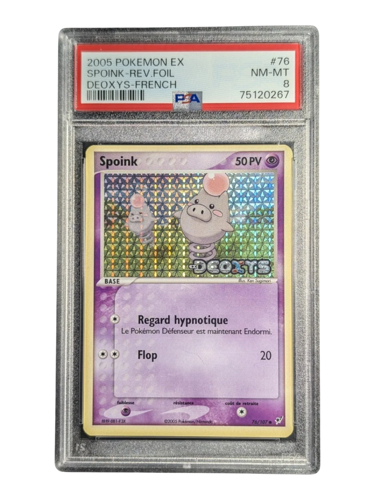 Carte gradee Pokemon Spoink 076/107 Ex Deoxys -Reverse Stamp- psa 8 pop 12 NM+